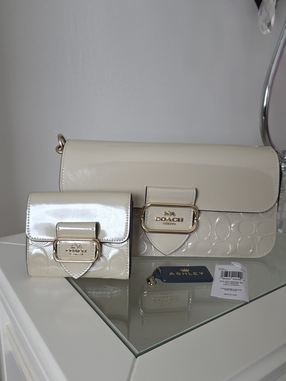 Coach Morgan Shoulder Bag In Cream Patent Leather with Matching Wallet